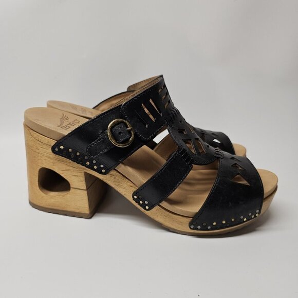 Dankso Oralee Black Leather Cut Out Wood Platform Sandals Boho Chic 39/8.5-9 - Picture 5 of 11